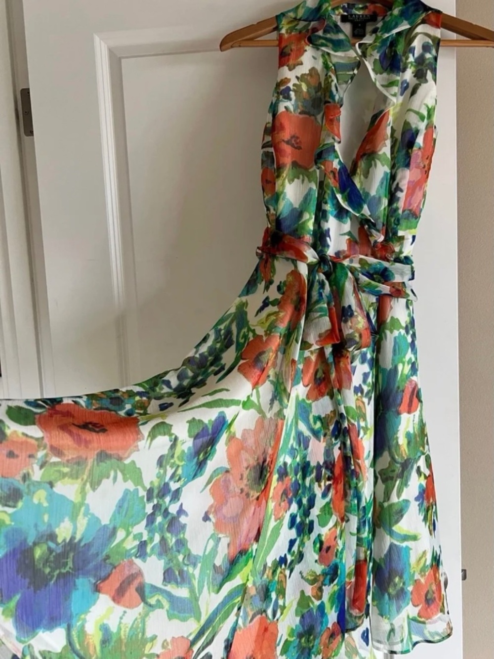 Ralph Lauren colorful wrap dress with flutter collar, tie, fully lined